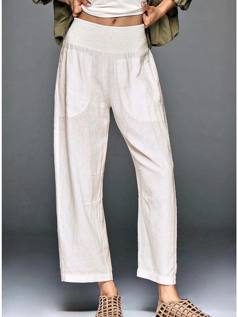 Pilcro Smocked Linen Pull-On Barrel Pants - vanilla XS